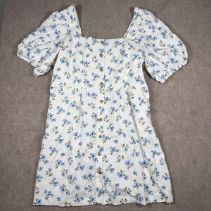 Old Navy Women Size XXL Tall White Floral Puff-Sleeve Linen-Blend Mini Dress NWT
